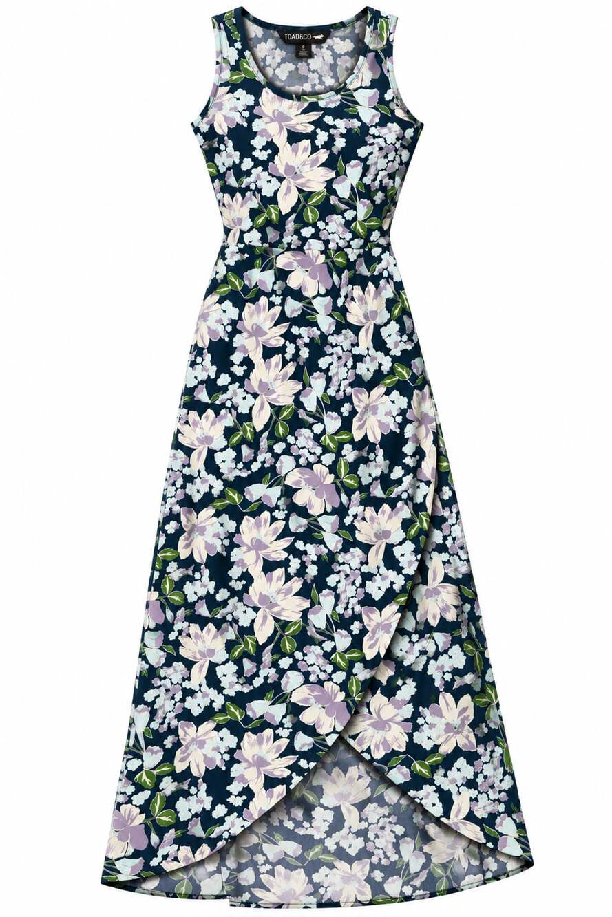 Toad&Co Sunkissed Floral Maxi Dress Small Navy Sleeveless Faux Wrap Travel